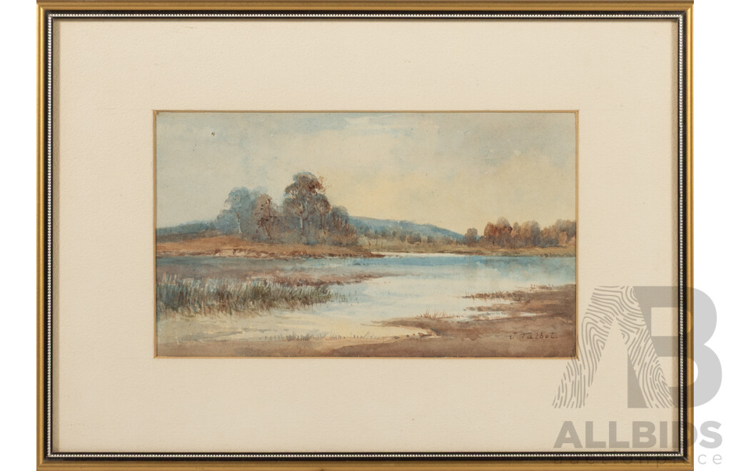 J(ohn) Talbot, (20th Century, Australian), Bushland Lake, Antique Watercolour, (c1910), 14 x 23 cm (frame)