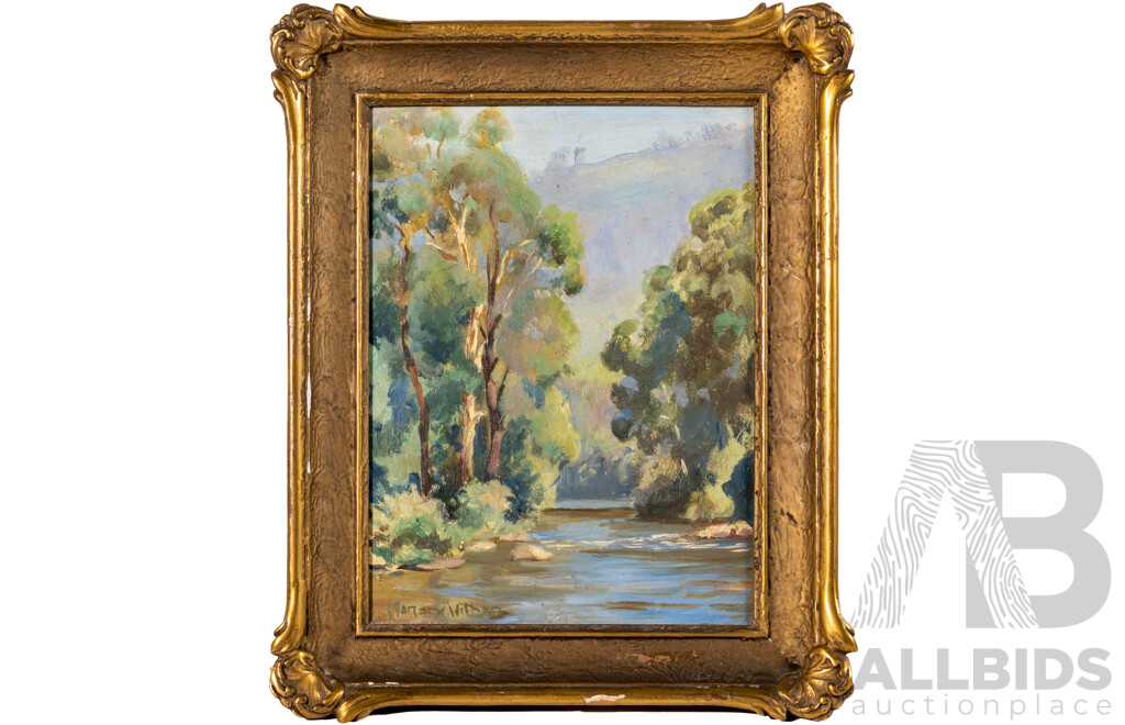 Margery Withers, (Late 19th/Early 20th Century, British-Australian, 1890-1966), The Yarra at Milgrove, (c1925), Antique Oil on Board, 40 x 32 cm (frame)