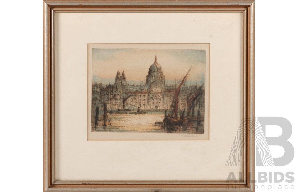 James Alphege Brewer (19/20th Centuries, British, 1881-1946), St Pauls From Bank Side (c1920s), Antique Hand Coloured Etching, 34 x 37 cm (frame)