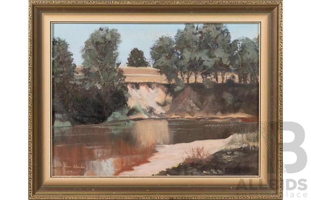 June Wenker, (20th Century, Australian, 1920-2016), Yarra River, Original Oil on Canvas Board, 38 x 48 cm (frame)