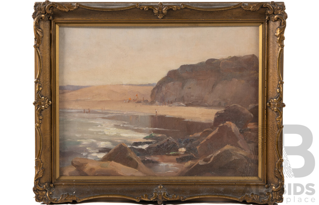 Dora Toovey, (20th Century, 1898-1986), Untitled Landscape - At the Beach, Original Oil on Canvas Board, 36 x 44 cm (frame)