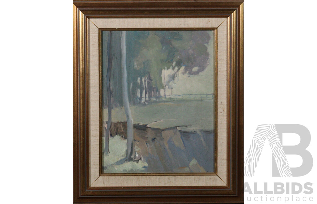 Artist Unknown, (Australian School, 20th Century), Untitled Landscape - Trees by a Fence and Pond, Vintage Oil on Canvas Board, 45 x 38 cm (frame)