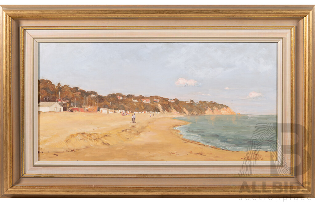 Pauline Reeve, (20th Century, Active c1980-90s), Beach Scene, Port Philip Bay, (1991), Original Oil on Board, 46 x 75 cm (frame)