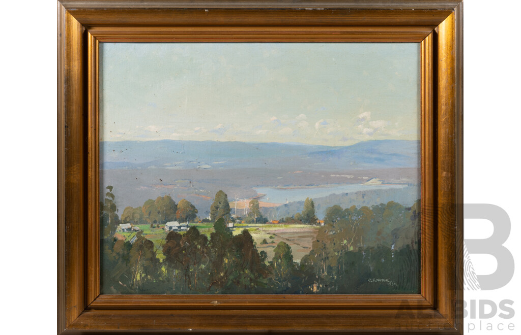 Charles Forbes Mudie (Late 19th/20th Centuries, Australian, 1879-1958), Landscape with Lakeview, (1934), Oil on Canvas Board, 50 x 60 cm (frame)