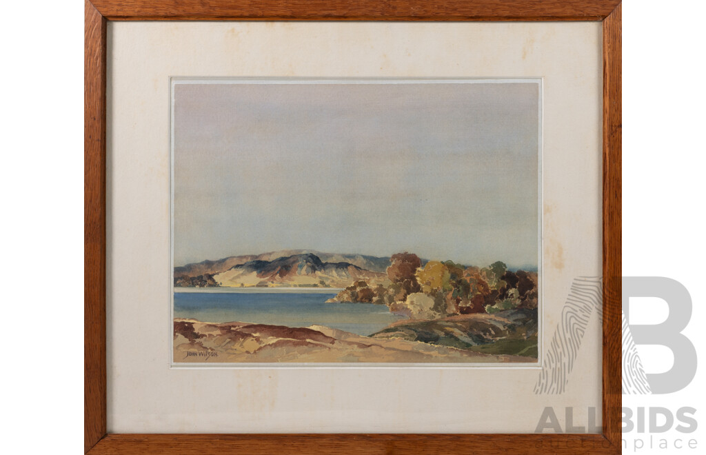 John Wilson, (20th Century, Australian, 1945), Landscape-View Across the Water, Original Vintage Watercolour, 43 x 50 cm (frame)