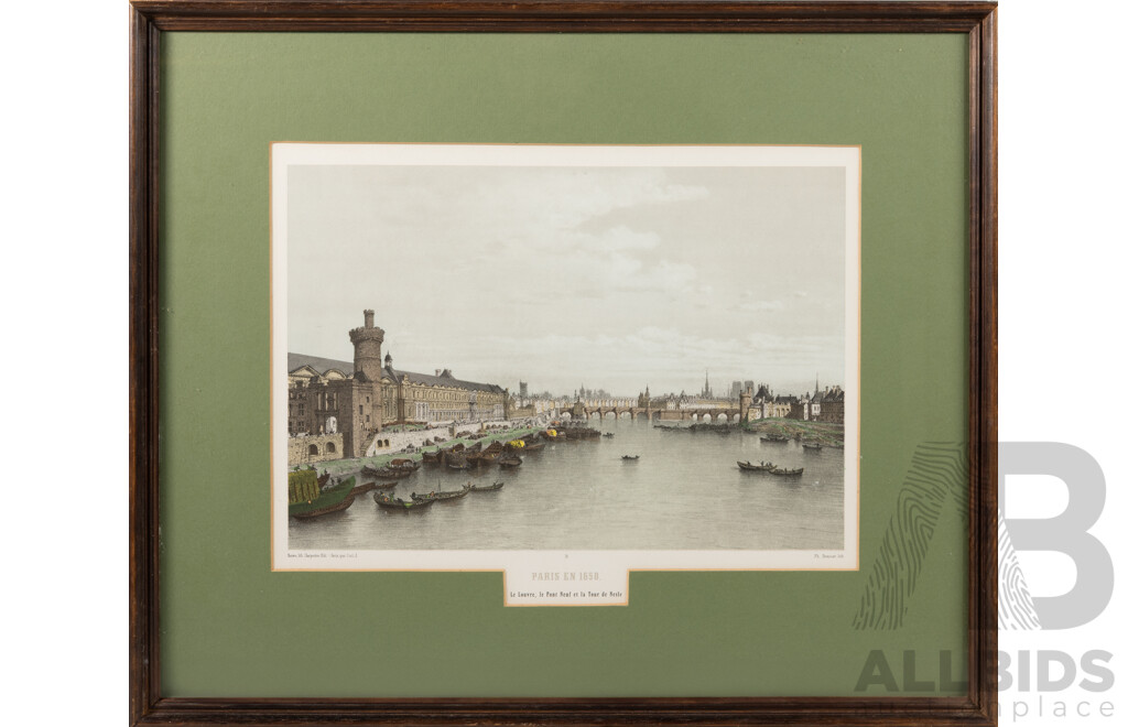 Phillipe Benoist (19th Century, French,1813-1885), Paris en 1960 Le Lo[vre, Le Pont Neuf Et La Tour Nesle], Vintage Colour Reproduction of Original 19th C. Lithograph, 47 x 56 cm (frame)