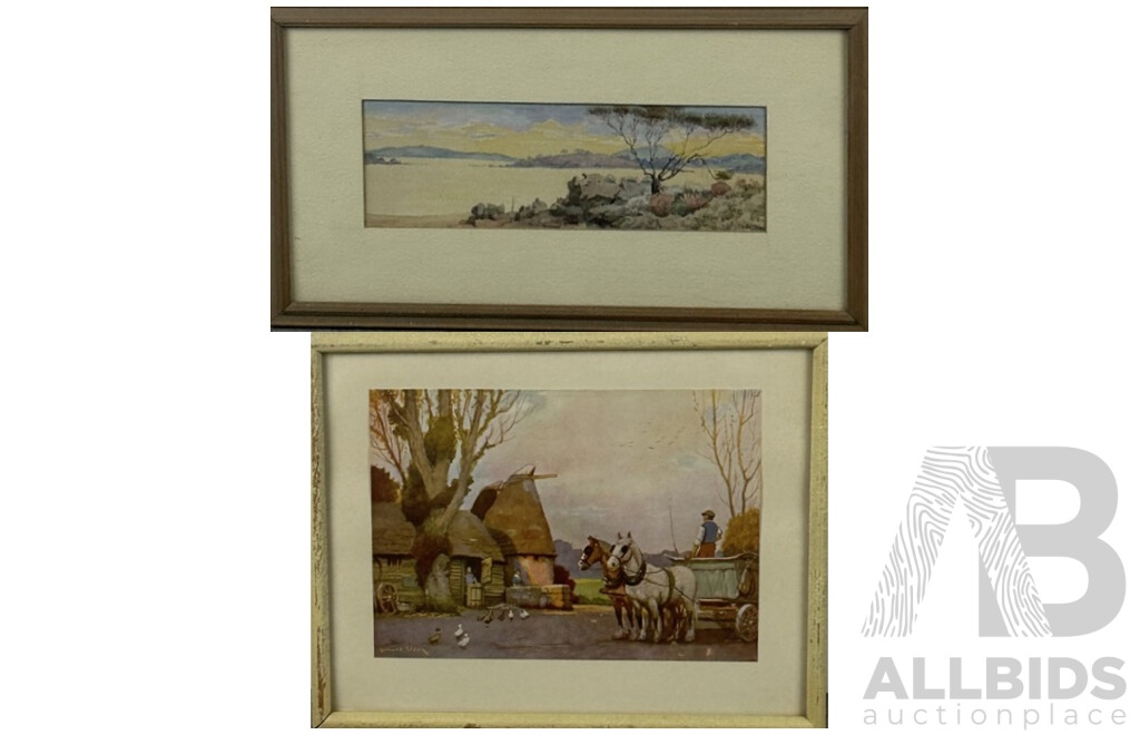 Artists Unknown, (Early 20th Centuries), Dry River Bed, Antique Watercolour 21 x 38 cm (frame) & Ponies by Thatched Cottage, Antique Colour Print, 22 x 27 cm (frame) (2)