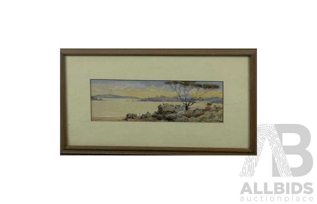 Artists Unknown, (Early 20th Centuries), Dry River Bed, Antique Watercolour 21 x 38 cm (frame) & Ponies by Thatched Cottage, Antique Colour Print, 22 x 27 cm (frame) (2)
