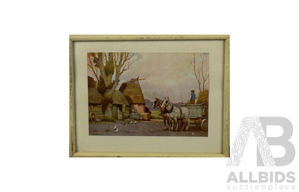 Artists Unknown, (Early 20th Centuries), Dry River Bed, Antique Watercolour 21 x 38 cm (frame) & Ponies by Thatched Cottage, Antique Colour Print, 22 x 27 cm (frame) (2)