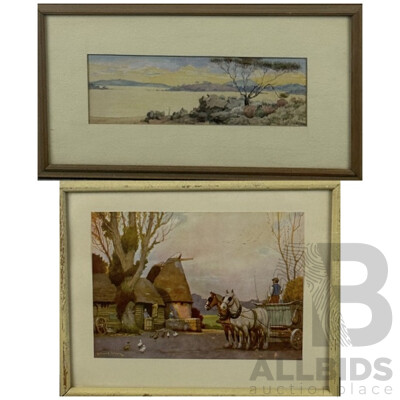 Artists Unknown, (Early 20th Centuries), Dry River Bed, Antique Watercolour 21 x 38 cm (frame) & Ponies by Thatched Cottage, Antique Colour Print, 22 x 27 cm (frame) (2)