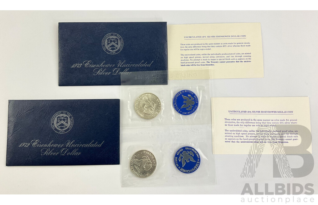 USA 1972 and 1973 Eisenhower UNC Silver Dollars with Original Packets and Envelopes .400