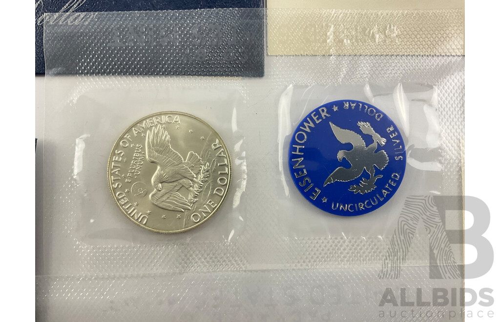 USA 1972 and 1973 Eisenhower UNC Silver Dollars with Original Packets and Envelopes .400