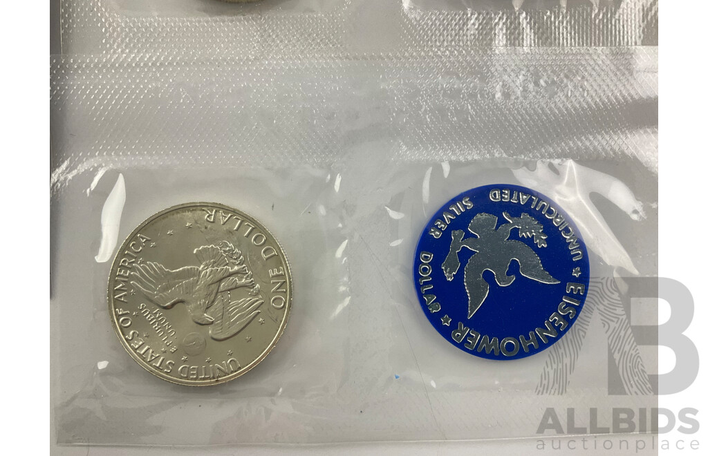 USA 1972 and 1973 Eisenhower UNC Silver Dollars with Original Packets and Envelopes .400