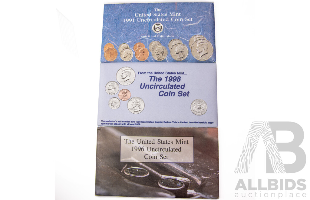 Three USA UNC Coin Sets Including 1991, 1996, 1998