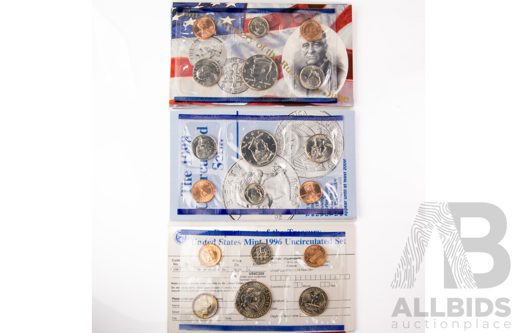 Three USA UNC Coin Sets Including 1991, 1996, 1998