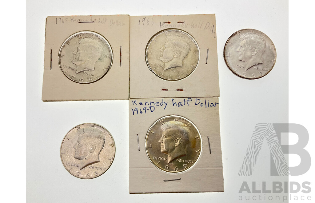USA Silver Kennedy Half Dollars 1965, 1966, 1967, 1968D, 1969D .400