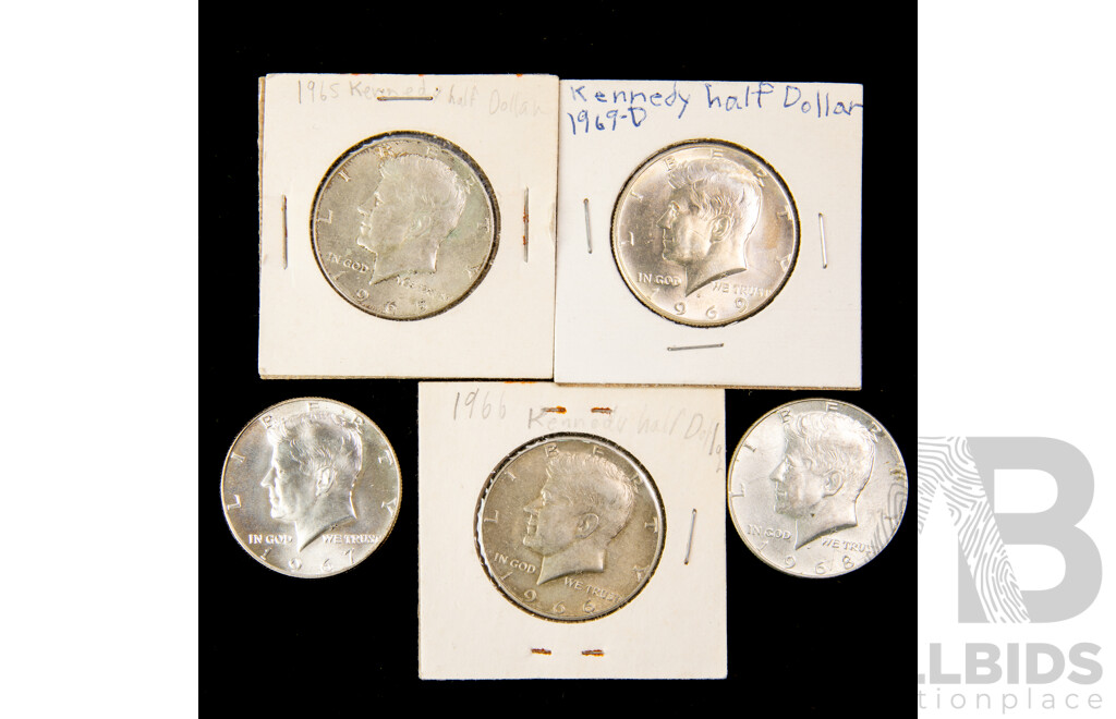 USA Silver Kennedy Half Dollars 1965, 1966, 1967, 1968D, 1969D .400