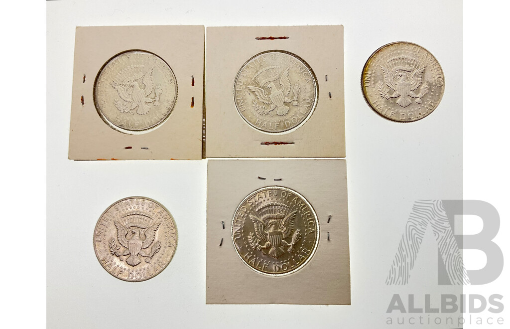 USA Silver Kennedy Half Dollars 1965, 1966, 1967, 1968D, 1969D .400