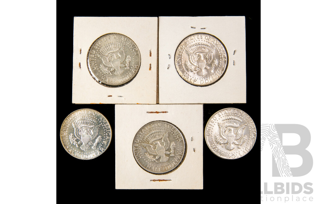 USA Silver Kennedy Half Dollars 1965, 1966, 1967, 1968D, 1969D .400