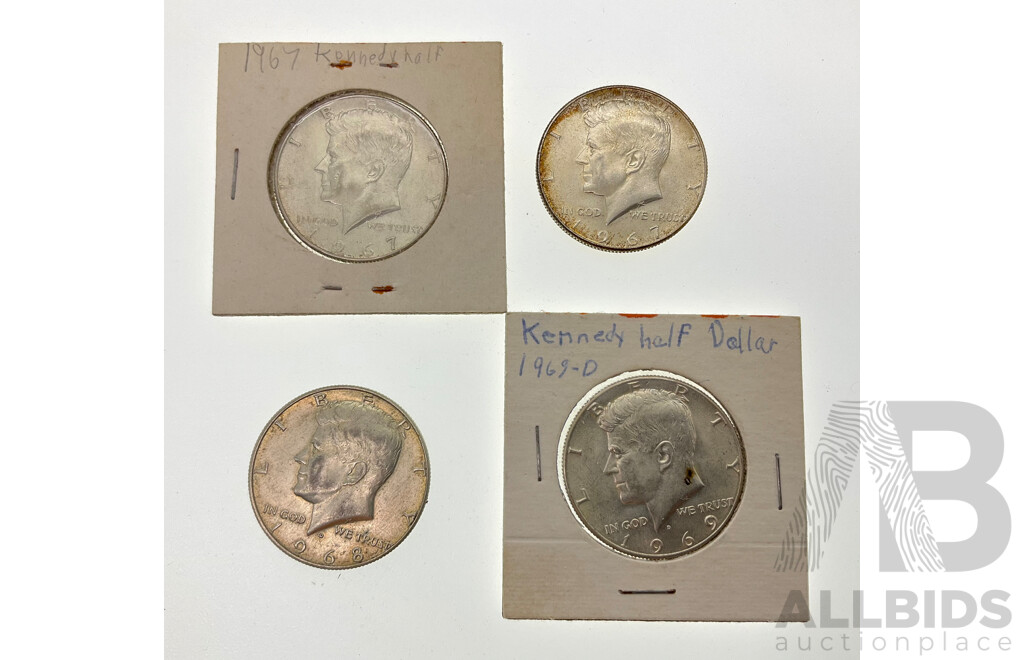 Four USA Silver Kennedy Half Dollars, 1967(2), 1968D, 1969D .400