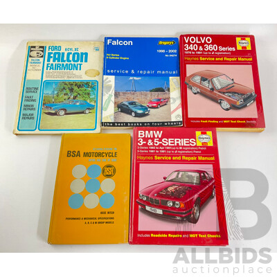 Collection of Vintage Automotive Work Shop Manuals Including BSA, XC Ford Falcon, AU Falcon, BMW Three and Five Series