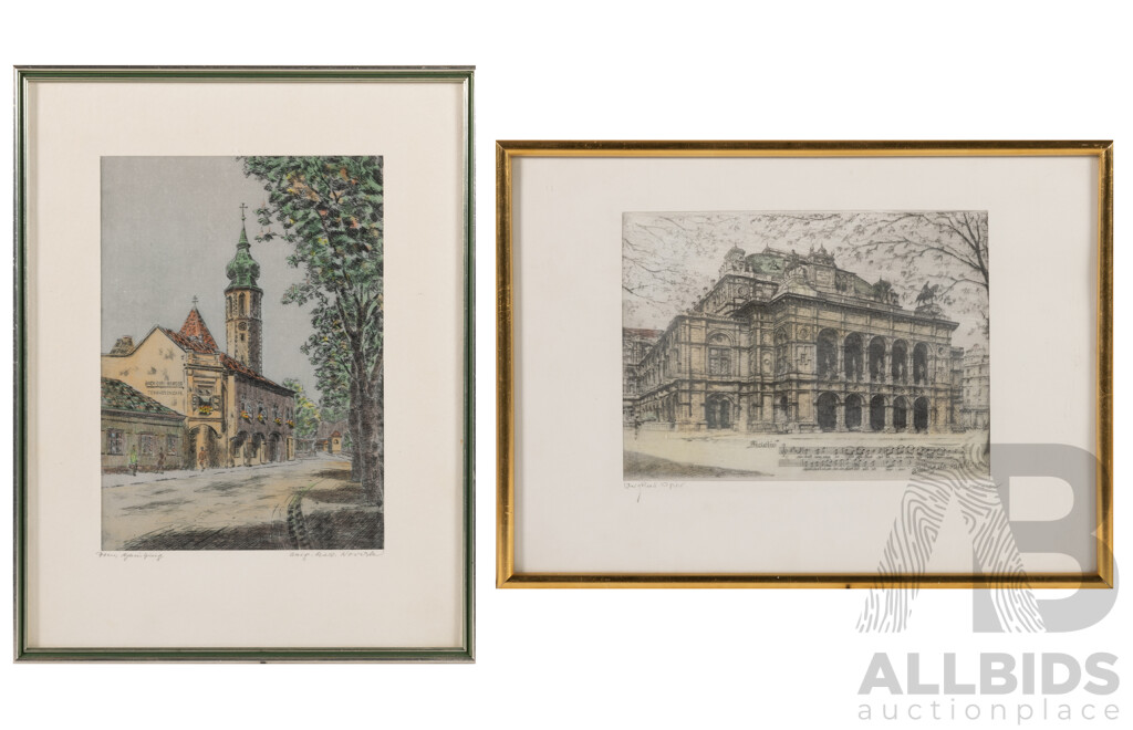 Hans Leisch, (Mid-20th Century, Austrian, 1914-2002), State Opera, Vienna [With Beethoven's Opera] & Artist Unknown, Grinzing Church, Etchings on Silk Panel, 27 x 37 cm (largest frame) (2)