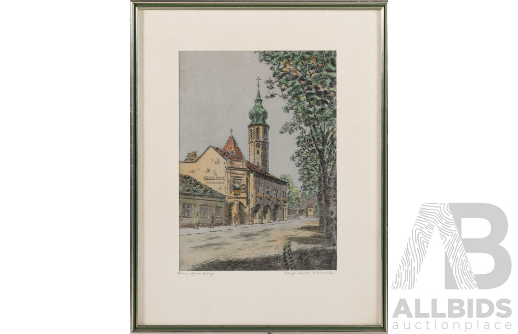 Hans Leisch, (Mid-20th Century, Austrian, 1914-2002), State Opera, Vienna [With Beethoven's Opera] & Artist Unknown, Grinzing Church, Etchings on Silk Panel, 27 x 37 cm (largest frame) (2)