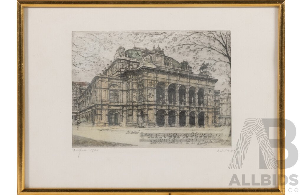 Hans Leisch, (Mid-20th Century, Austrian, 1914-2002), State Opera, Vienna [With Beethoven's Opera] & Artist Unknown, Grinzing Church, Etchings on Silk Panel, 27 x 37 cm (largest frame) (2)