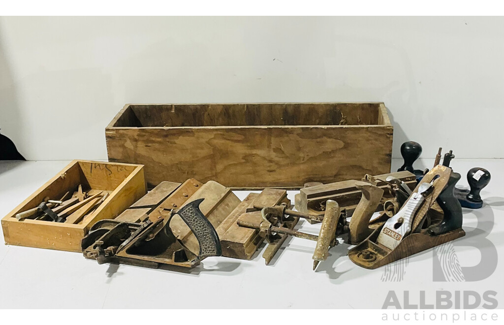 Large Collection of Vintage Woodworking Tools in Good Quality Wooden Box Including Hand Planes and More