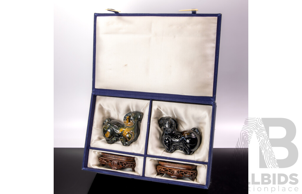 Fantastic Pair Hand Carved Vintage Chinese Stone Tigers Eye Mountain Rams on Bespoke Carved Wooden Stands and in Presentation Box