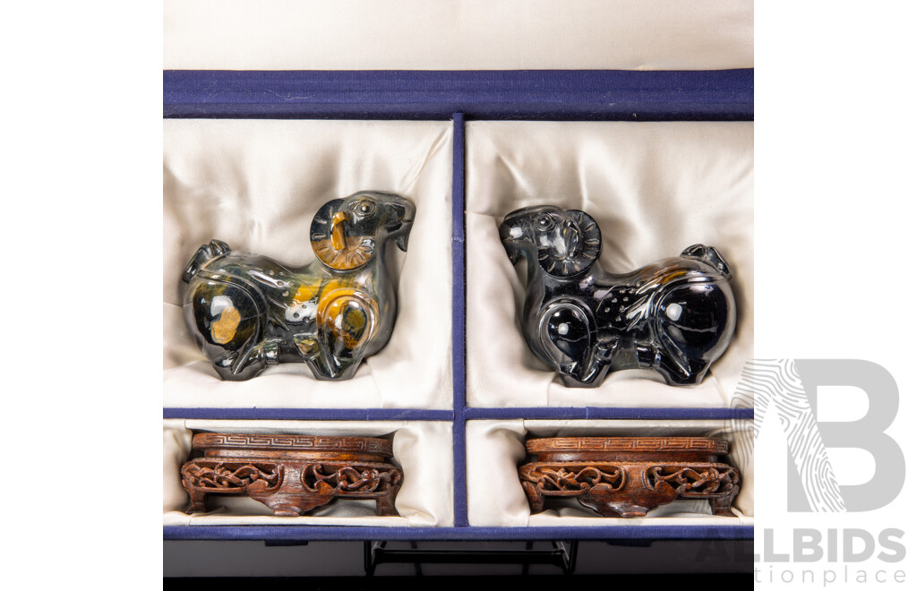 Fantastic Pair Hand Carved Vintage Chinese Stone Tigers Eye Mountain Rams on Bespoke Carved Wooden Stands and in Presentation Box