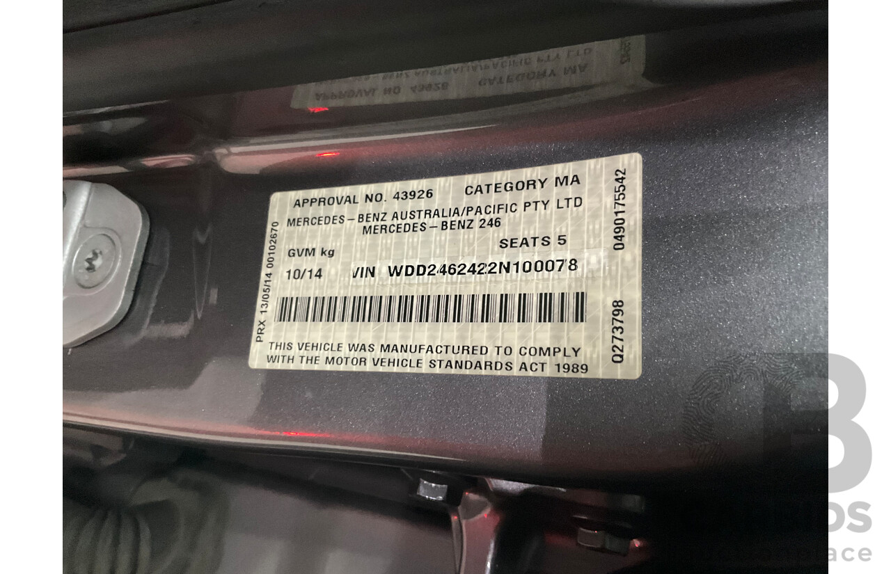 10/2014 Mercedes-Benz B180 246 MY14 5d Hatchback Mountain Grey Metallic Turbo 1.6L