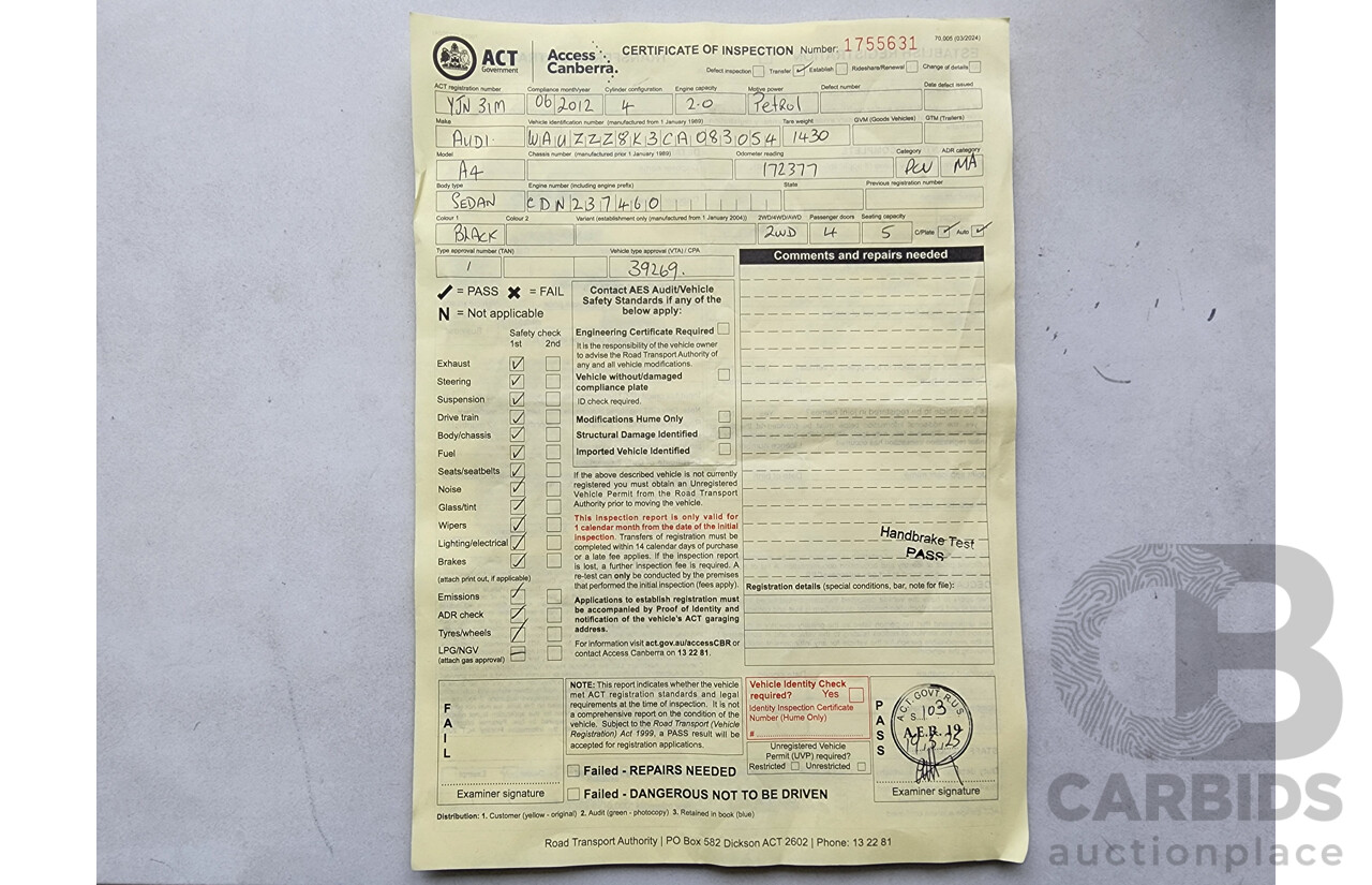 6/2012 Audi A4 1.8 TFSI B8 (8K) MY12 4d Sedan Black 1.8L