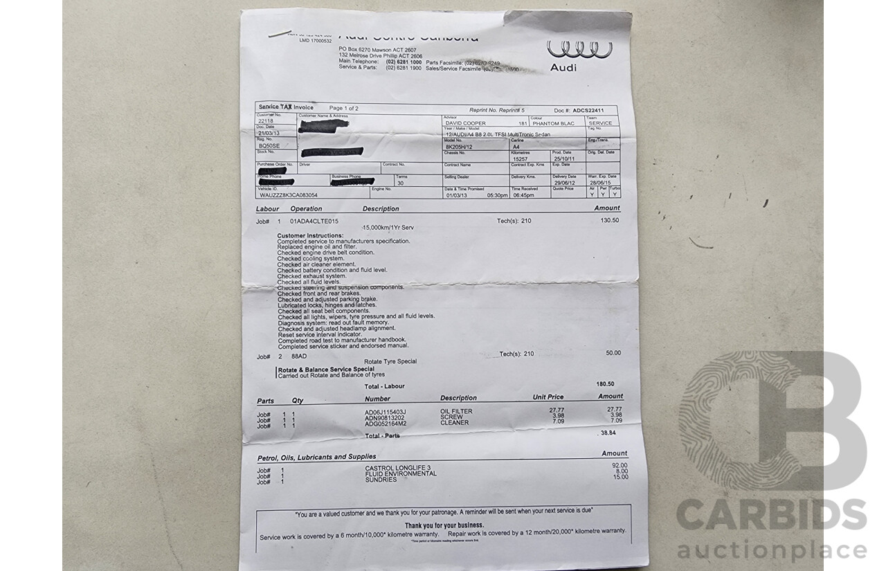 6/2012 Audi A4 1.8 TFSI B8 (8K) MY12 4d Sedan Black 1.8L