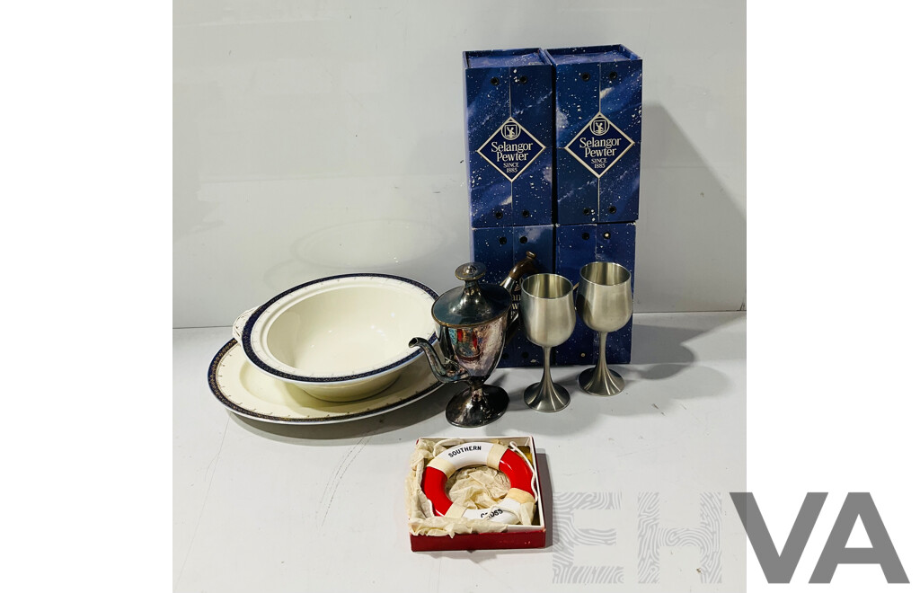 Collection Items Including Six Selangor Pewter Goblets, Meakin Porcelain PLatter and Dish and More