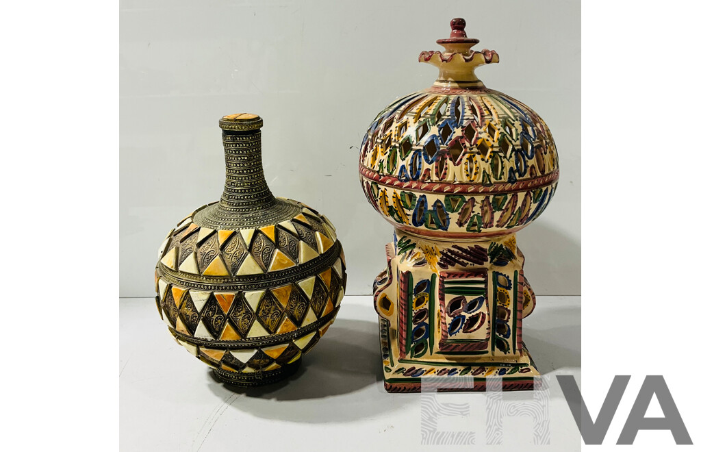 Interesting Pottery Candle Holder Along with Indian Brass Container with Bone Inlay