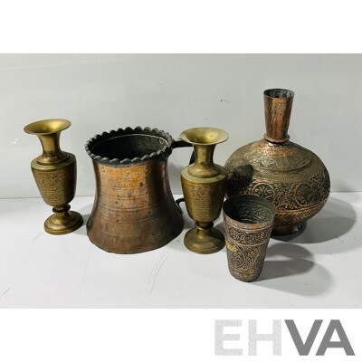 Collection Vintage Middle Eastern Hand Beaten Copper and Brass Pieces