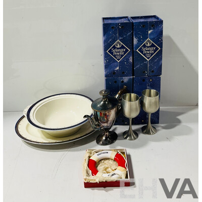 Collection Items Including Six Selangor Pewter Goblets, Meakin Porcelain PLatter and Dish and More