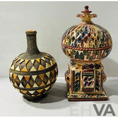 Interesting Pottery Candle Holder Along with Indian Brass Container with Bone Inlay
