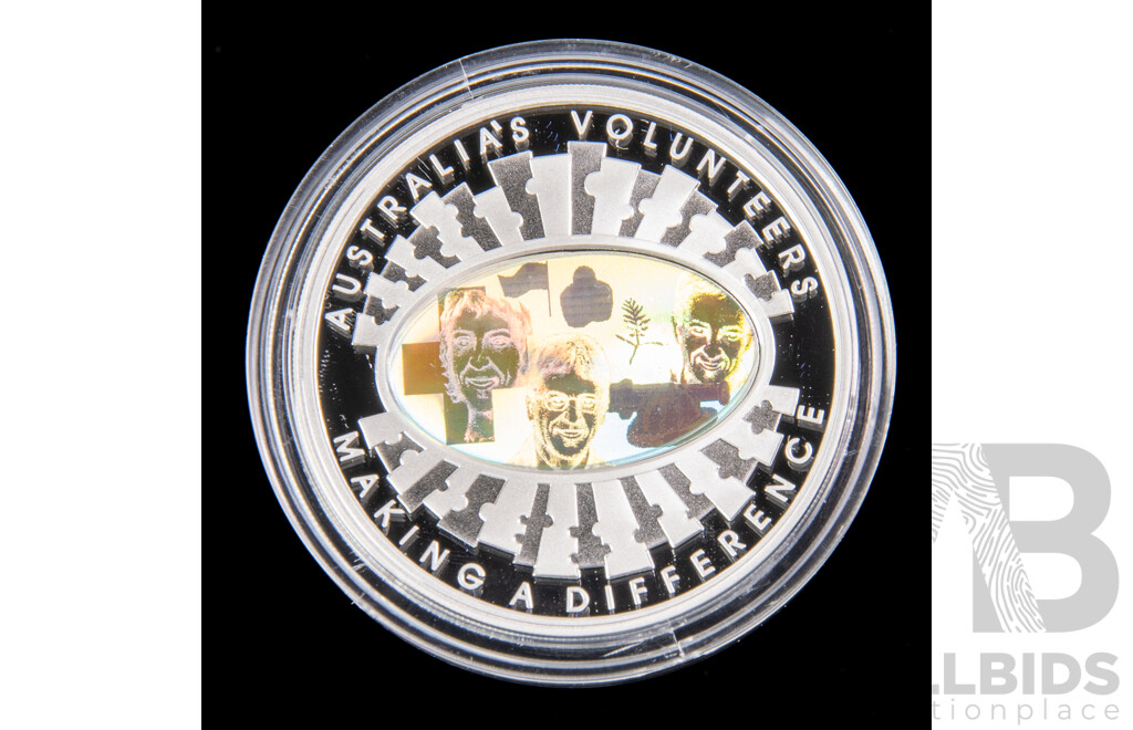 Australian RAM 2003 Silver Holographic Proof Five Dollar Coin, Finale Coin Australia's Volunteers .999