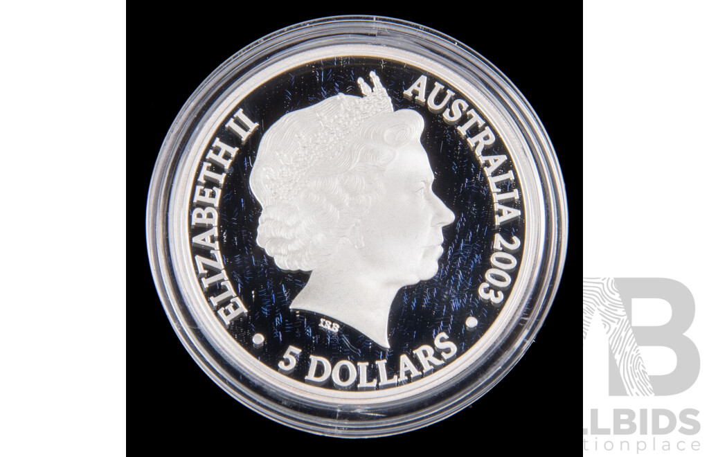 Australian RAM 2003 Silver Holographic Proof Five Dollar Coin, Finale Coin Australia's Volunteers .999