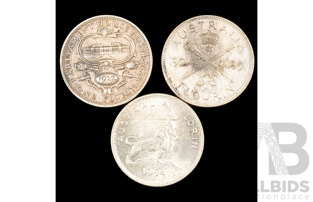 Three Australian Comemorative Silver Florins 1927, 1951, 1954 .925/.500