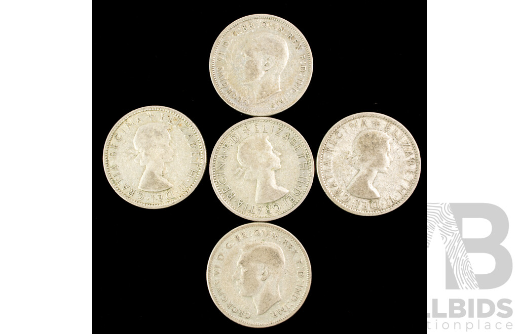 Five Australian Silver Florins, 1946(2) 1953, 1954, 1958  .500