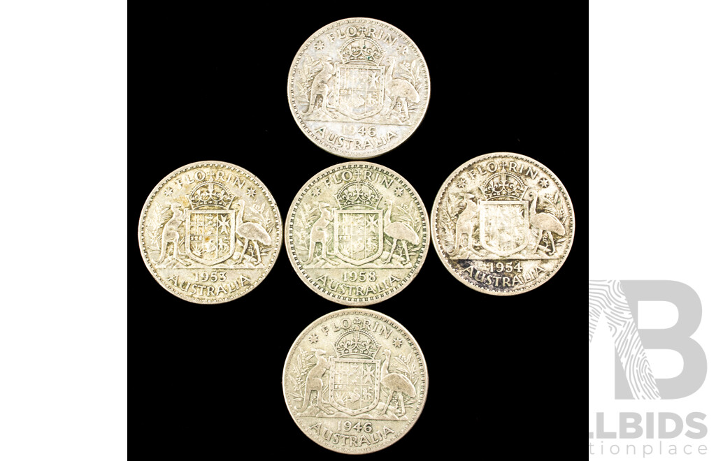 Five Australian Silver Florins, 1946(2) 1953, 1954, 1958  .500