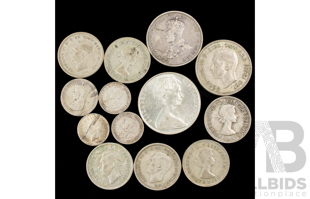 Australian 1931 and 1951 Silver Florin, 1966 Round Silver Fifty Cent, Five Shillings 1946(2) 1952, 1954, 1957, 1963, Sixpence 1911, Threepence 1936, 1951