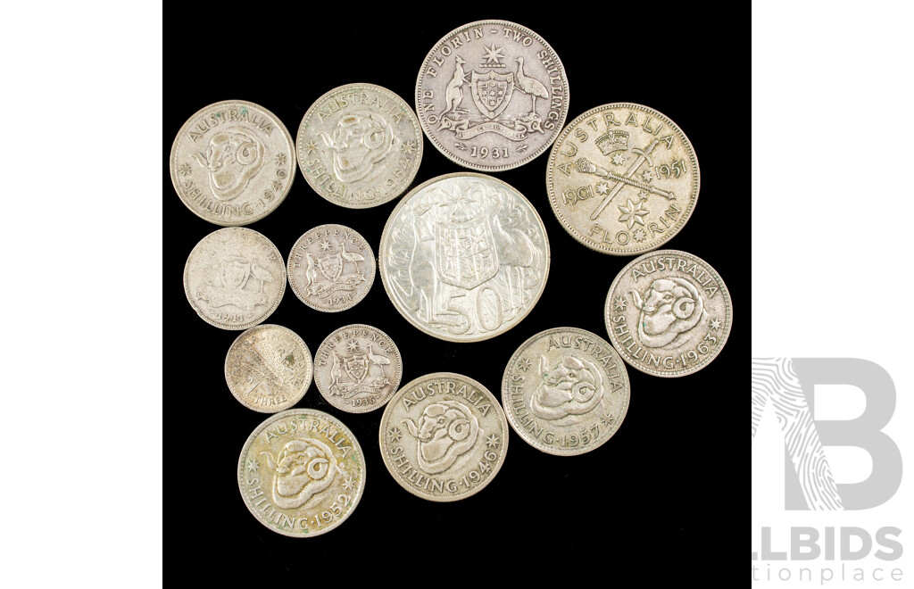 Australian 1931 and 1951 Silver Florin, 1966 Round Silver Fifty Cent, Five Shillings 1946(2) 1952, 1954, 1957, 1963, Sixpence 1911, Threepence 1936, 1951
