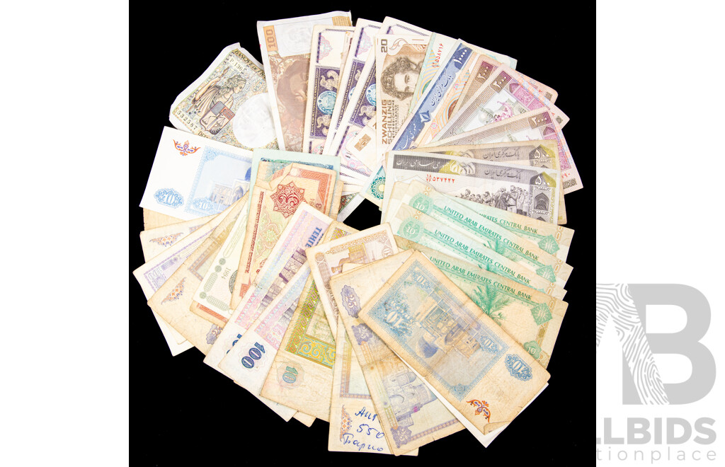 Collection of International Banknotes Including Iran Kazakhstan, UAE, Uzbekistan, France, Austria