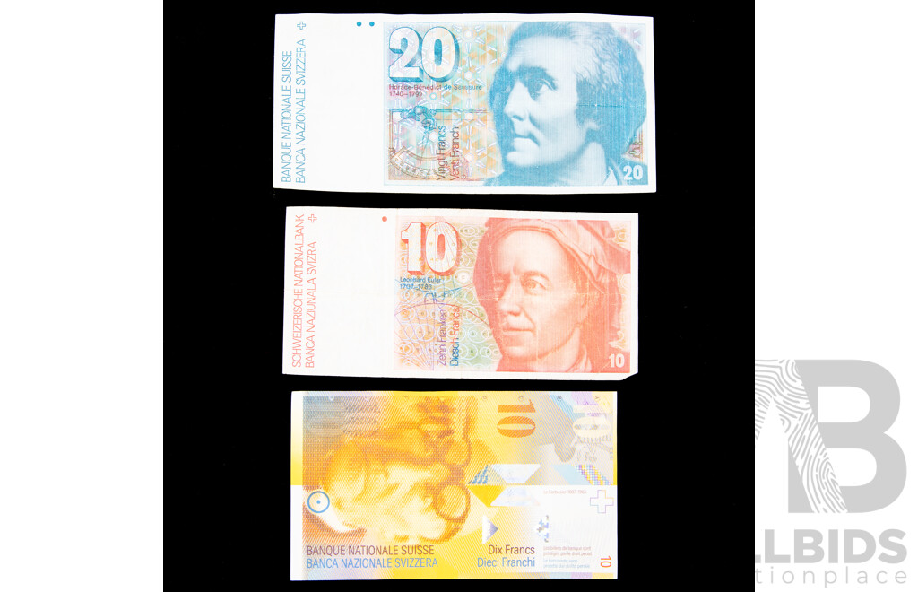 Switzerland Banknotes, Twenty and Two Tens