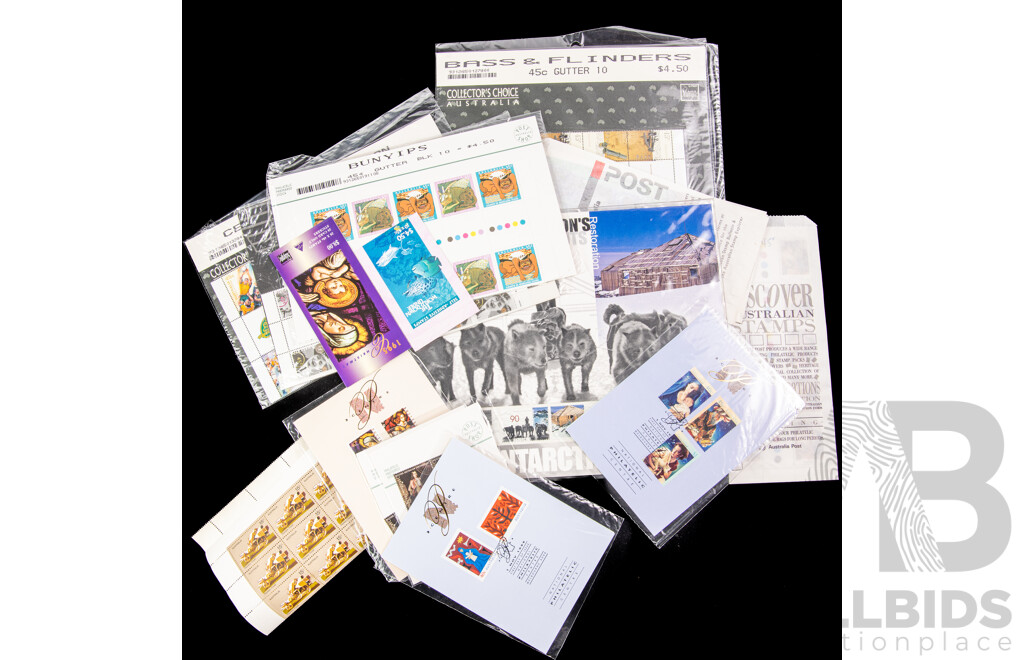 Collection of Australian Mint Stamps, Strips and Blocks Including Collector's Choice, Antarctic Territory, Mawson's Hut Phone Card/Stamp Pack
