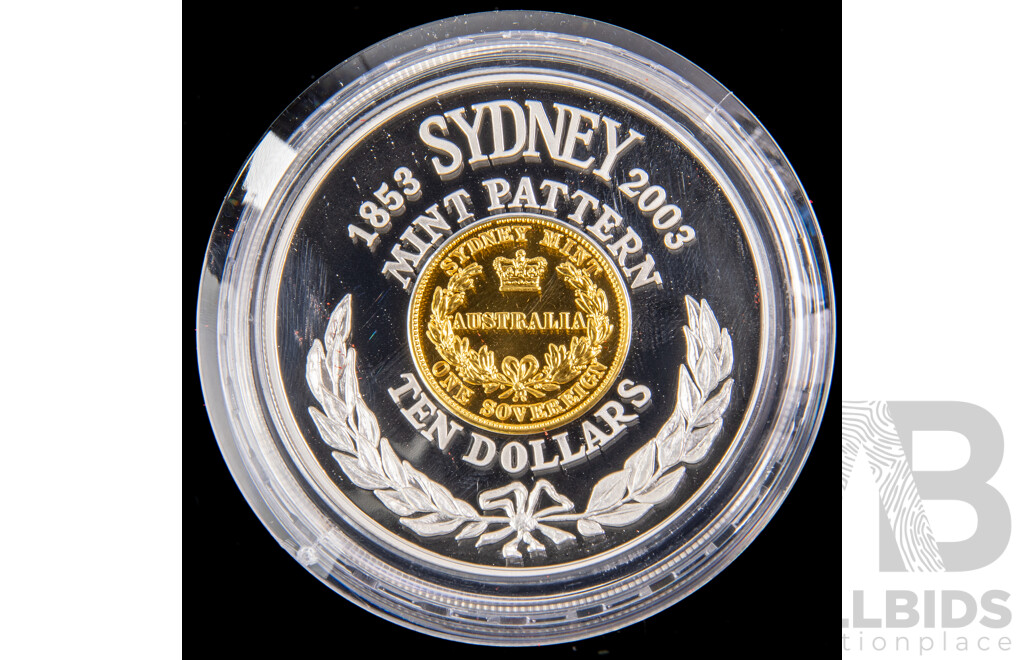 Australian RAM 2003 Silver/Gold Plated Proof Ten Dollar Coin, Sydney Mint 150 Years Mint Pattern .999